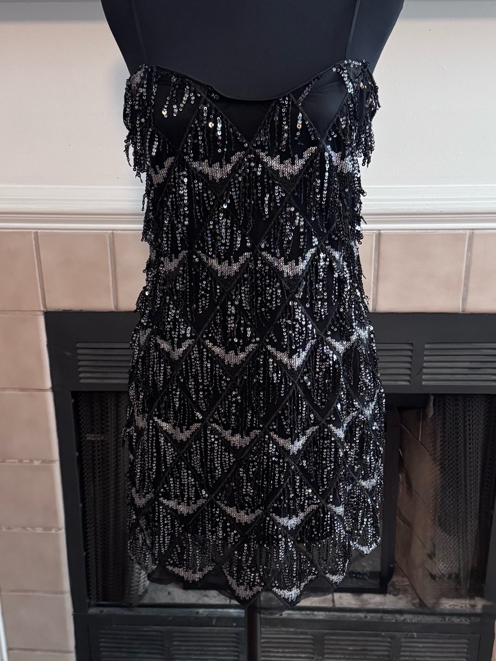 Forever 21 Black and Silver Sequin Fringe Bikini Strap Mini Evening Dress